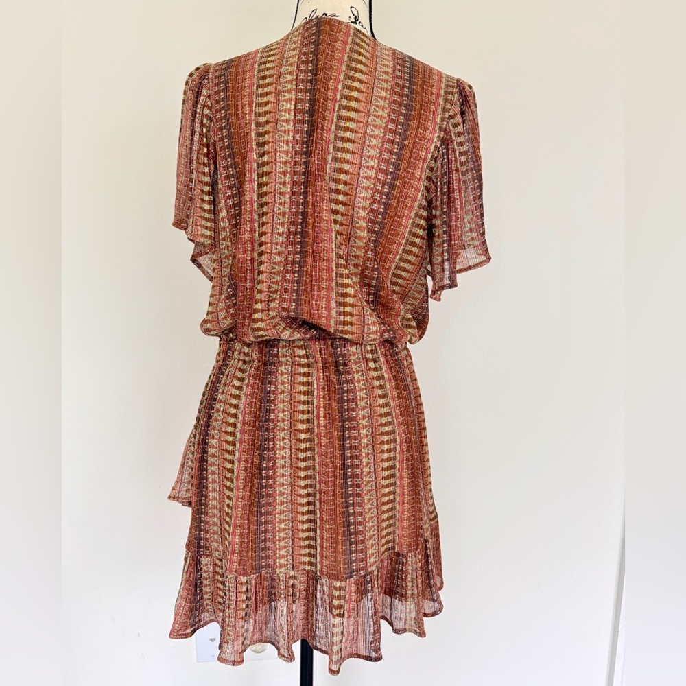 Ramy Brook Chelsea Mini Dress Belted Brown/Green Metallic Ruffle Hem Fairy Core - Picture 15 of 16